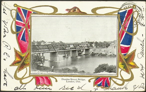 1910 postcard of London's Dundas St. Bridge. Can you see the newly arrived European skippers?